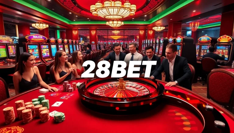 Engaging casino scene with players enjoying 28BET betting experience, showcasing excitement and luxury.