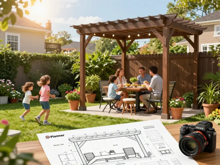 Family enjoying a backyard under a beautifully designed pergola 3D planner with kids playing and dining.