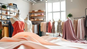 Bekijk katoen stof voor kleding in een trendy ontwerpstudio met kleurrijke rollen stof.