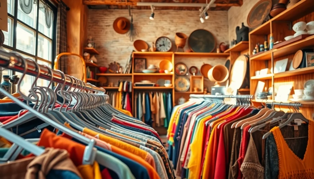 Shop at a second hand shop filled with vintage clothing, accessories, and unique decor appealing to shoppers.