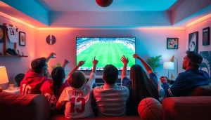 Excited fans enjoying high-quality sports streaming on 토토스토리.