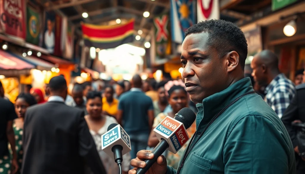 Engaging scene of a journalist covering Kenya News in a vibrant Nairobi marketplace.