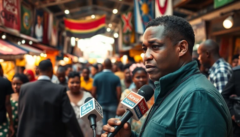 Engaging scene of a journalist covering Kenya News in a vibrant Nairobi marketplace.