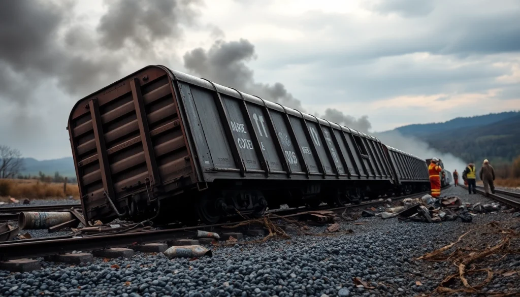 Train derailment causing chaos, depicted in dramatic detail with emergency responders.