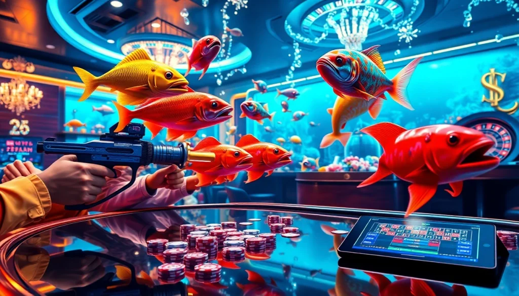 Engage in bắn cá đổi thưởng while capturing colorful 3D fish in a vibrant casino atmosphere.