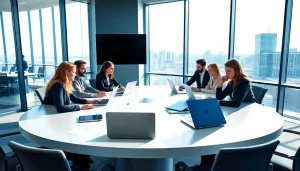 Engaged team discussing online marketing edmonton strategies in a modern office setting.
