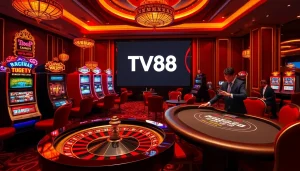 Experience luxury gambling at TV88 with vibrant slot machines and poker tables.