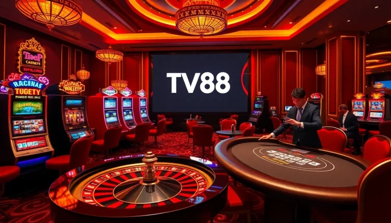 Experience luxury gambling at TV88 with vibrant slot machines and poker tables.