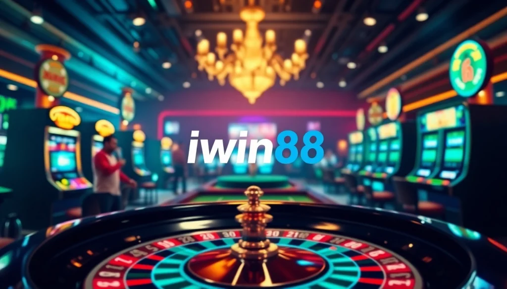 Iwin68 casino scene showcasing a lively gambling atmosphere with roulette and poker elements.