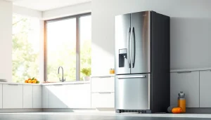 Refrigerator displayed in a modern kitchen showcasing its stylish design and features.