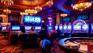 Players engaging with slot88 machines in a vibrant casino ambiance filled with excitement and anticipation.