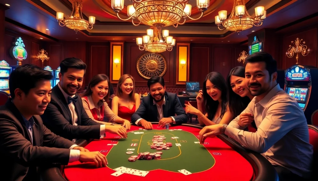 Engaging scene of IDN poker players in a luxurious casino setting, showcasing poker chips and cards.
