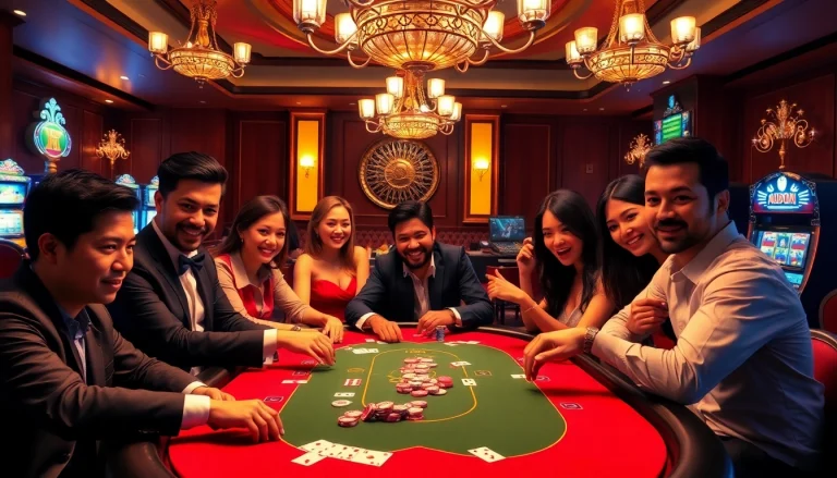 Engaging scene of IDN poker players in a luxurious casino setting, showcasing poker chips and cards.