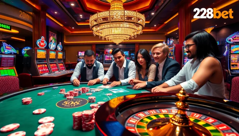 Players enjoying an exciting poker game at 28bet's vibrant casino, featuring colorful chips and cards.