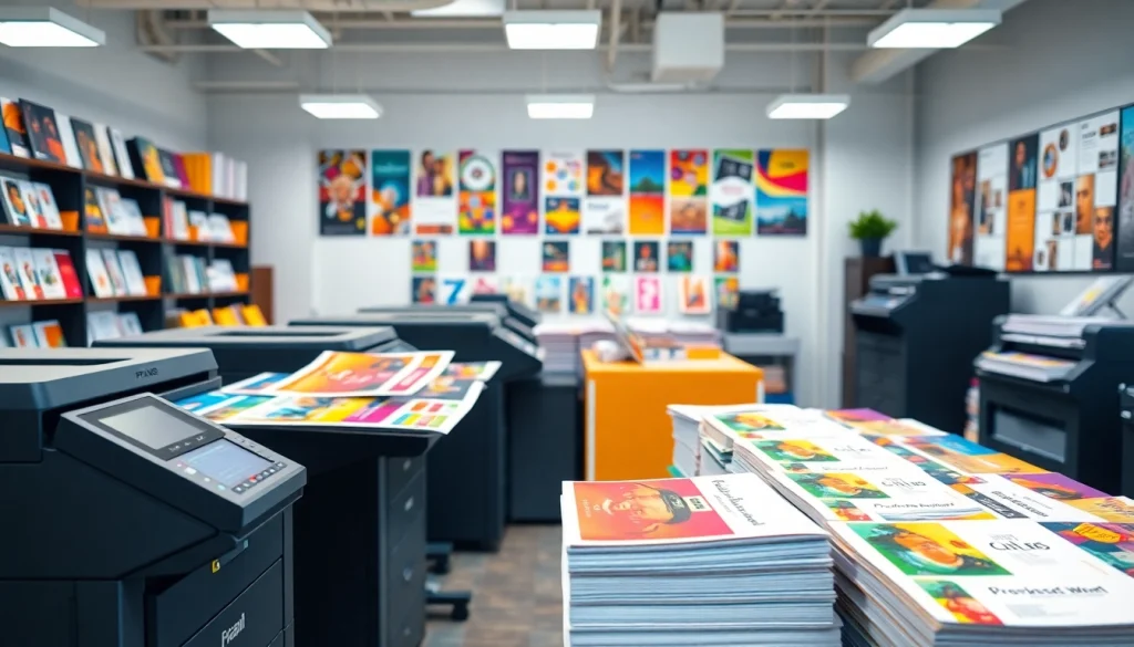 Showcasing vibrant printed materials in a professional printing shop near me.