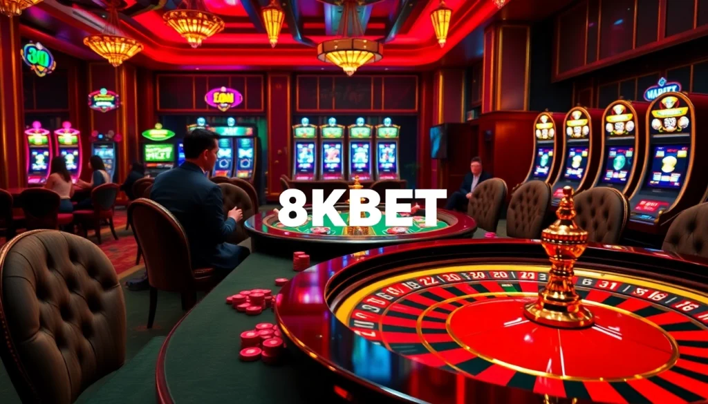Players engaging at the luxurious poker table in 8KBET's stunning casino environment.