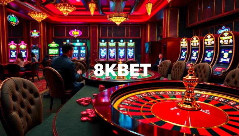 Players engaging at the luxurious poker table in 8KBET's stunning casino environment.