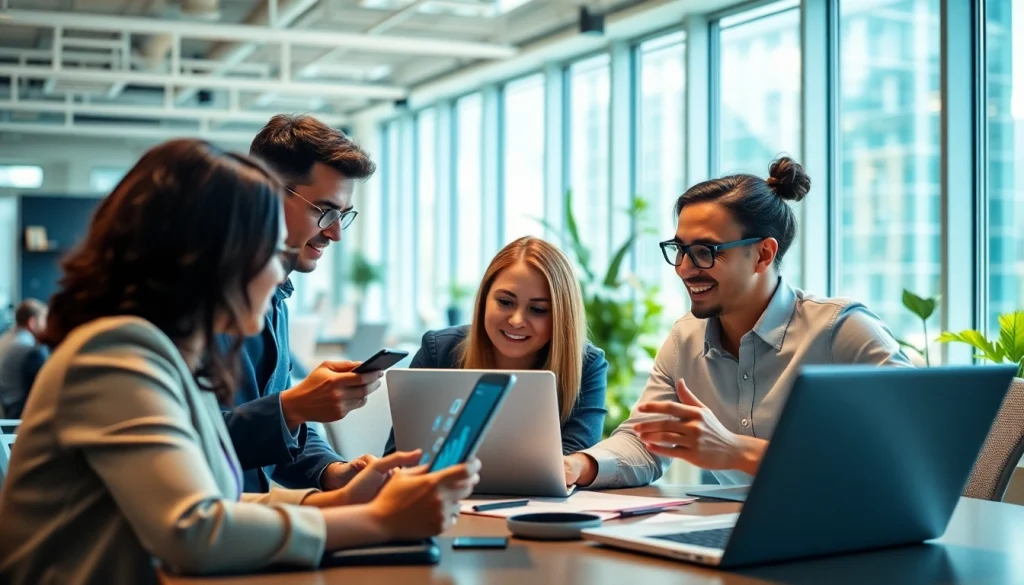 Dynamic team strategizing for social media marketing companies edmonton in a vibrant office.