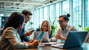 Dynamic team strategizing for social media marketing companies edmonton in a vibrant office.