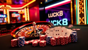 LUCK8 online casino scene with roulette wheel and poker chips enhancing the gaming experience.