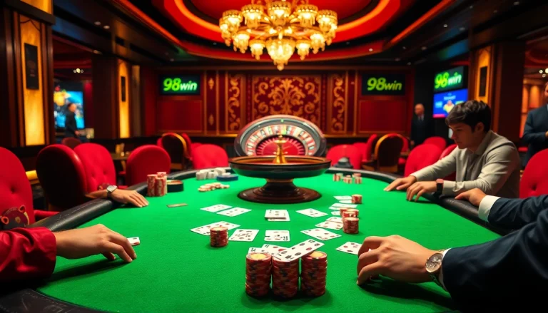 Players engaging in a thrilling poker game at 98win casino, featuring vibrant chips and strategic moves.