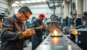 Craftsmen engaged in custom metal fabrication, showcasing skilled craftsmanship in a bright workshop.