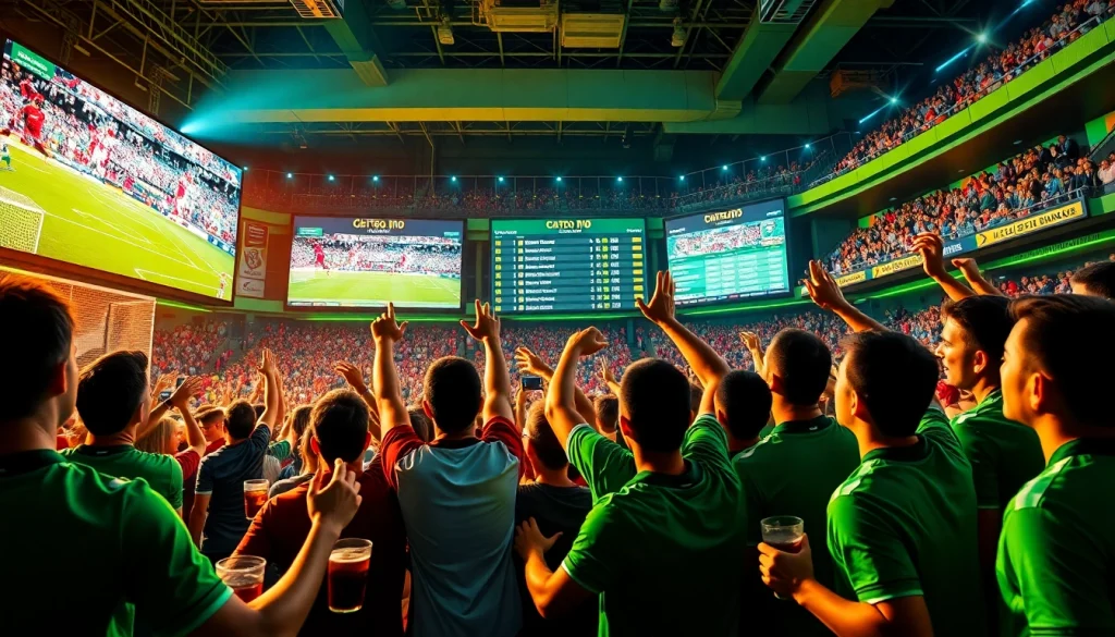 Exciting sports betting atmosphere highlighting kèo nhà cái options with fans celebrating a football match.