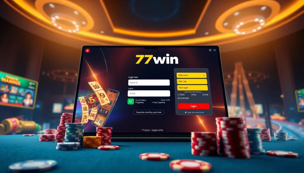 77win casino login interface with vibrant graphics and secure access features.
