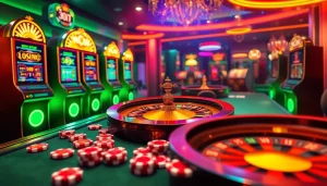 Join the thrilling gaming experience at https://ck444s.net/ with a vibrant online casino interface featuring slot machines and poker chips.
