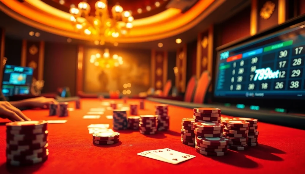 Exciting game scene at 789bet's luxurious casino table with chips and cards, capturing a thrilling atmosphere.