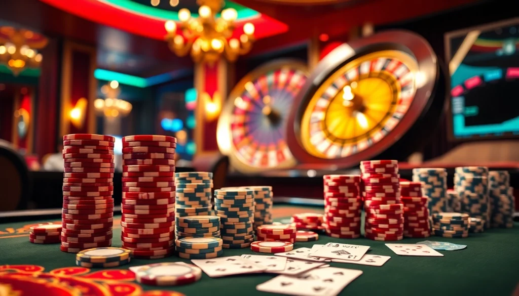 Experience the excitement of betting on GG88 with vibrant casino visuals featuring tables and spinning roulette.