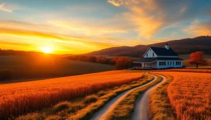 Clarksburg's vibrant autumn landscape with golden fields and a quaint farmhouse.