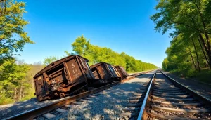 Highlighting a derailment incident, showcasing derailed train car on lush tracks.