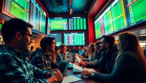 Dynamic football betting scene showcasing real-time data analysis at https://keonhacai.study/ with diverse bettors.