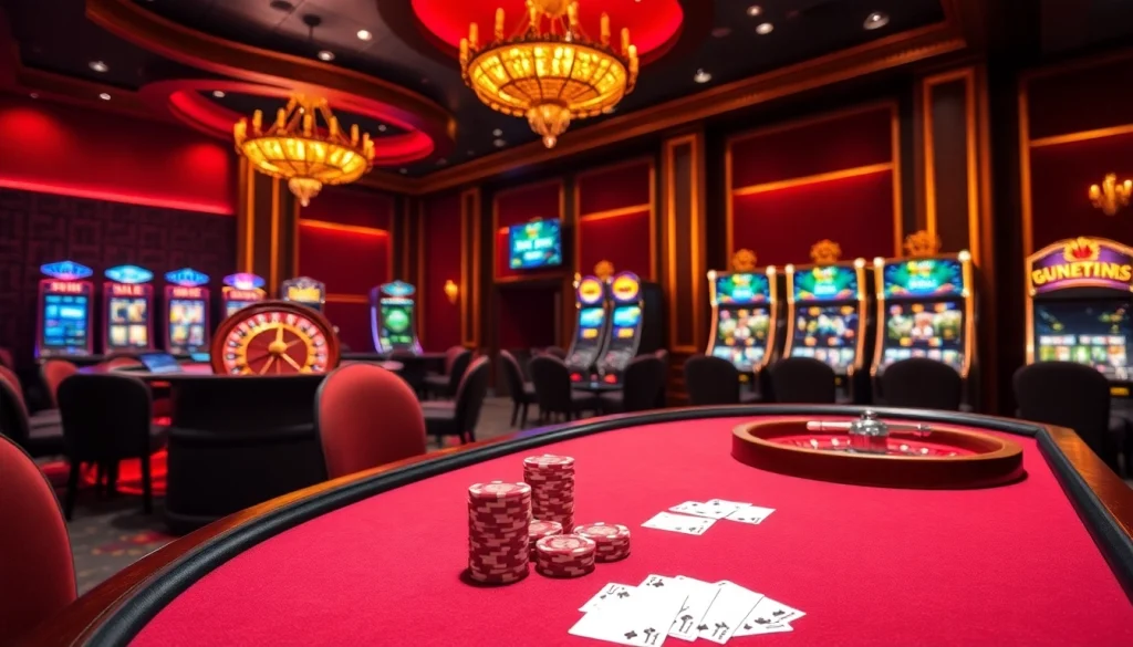Vivez des jeux à enjeux élevés dans un casino en ligne vibrant, avec des tables de poker et des machines à sous illuminées.