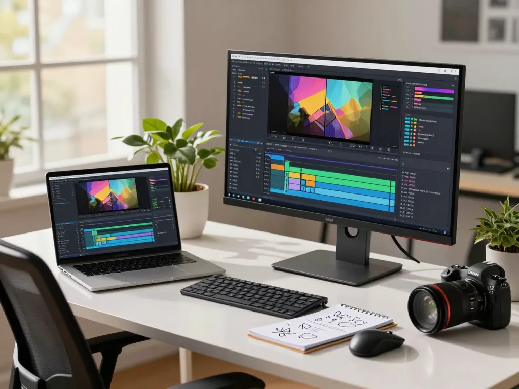 Professional workspace analyzing video to prompt generation, showcasing AI tools and video editing.