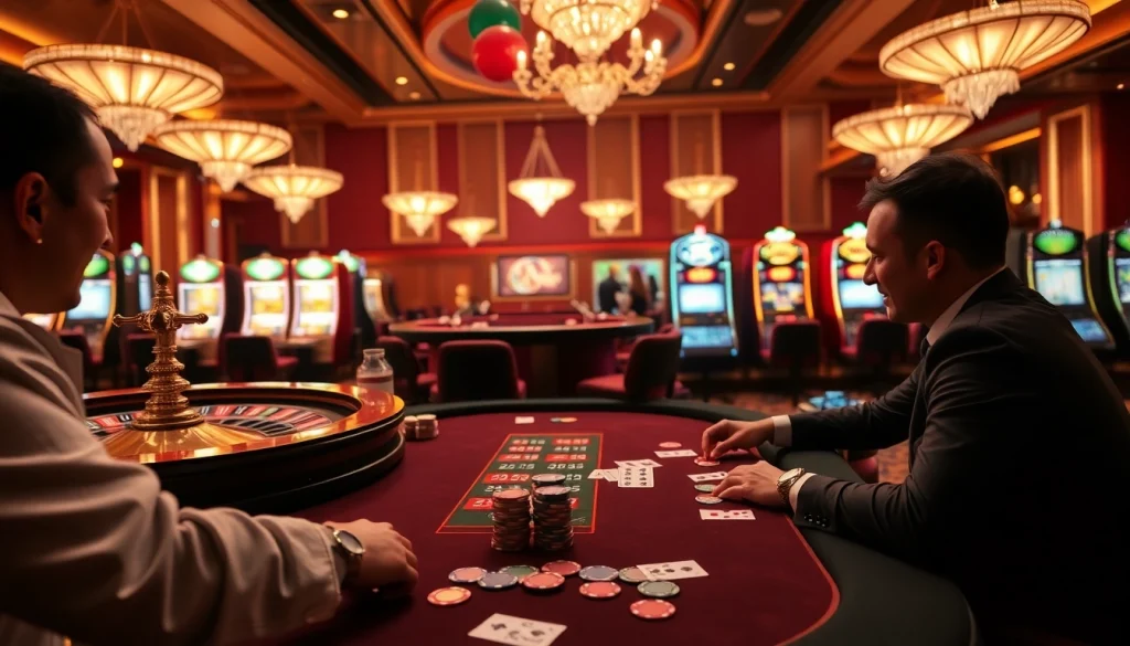 Enthusiastic players gambling at a luxurious casino table at xibet1.com, showcasing excitement and strategy.