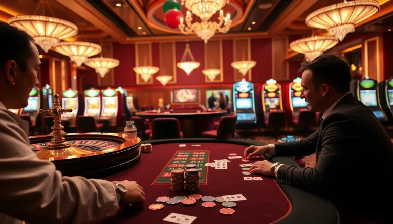 Enthusiastic players gambling at a luxurious casino table at xibet1.com, showcasing excitement and strategy.