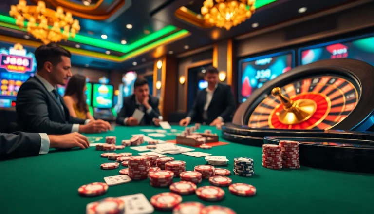 Exciting casino atmosphere at J88 showcasing a lively gaming table with players and poker chips.
