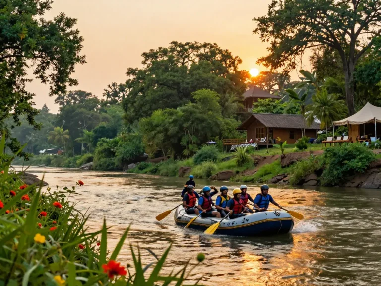 Dandeli resorts offering river rafting experiences with lush surroundings and adventure seekers enjoying the Kali River.