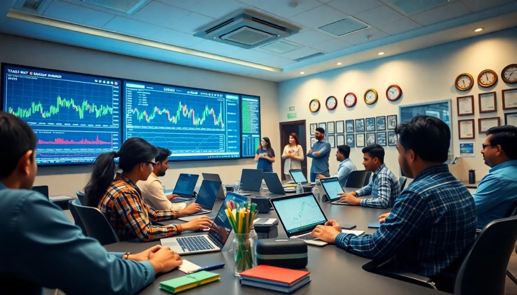 Dynamic stock trading classroom at the best stock market institute in kerala, showcasing students engaged in learning.