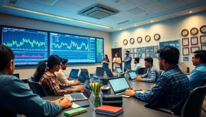 Dynamic stock trading classroom at the best stock market institute in kerala, showcasing students engaged in learning.