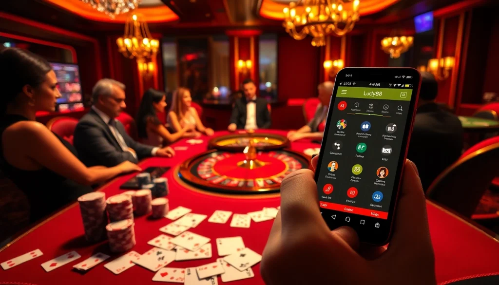 Players enjoying a professional poker game featuring the lucky88 app interface alongside vibrant casino elements.