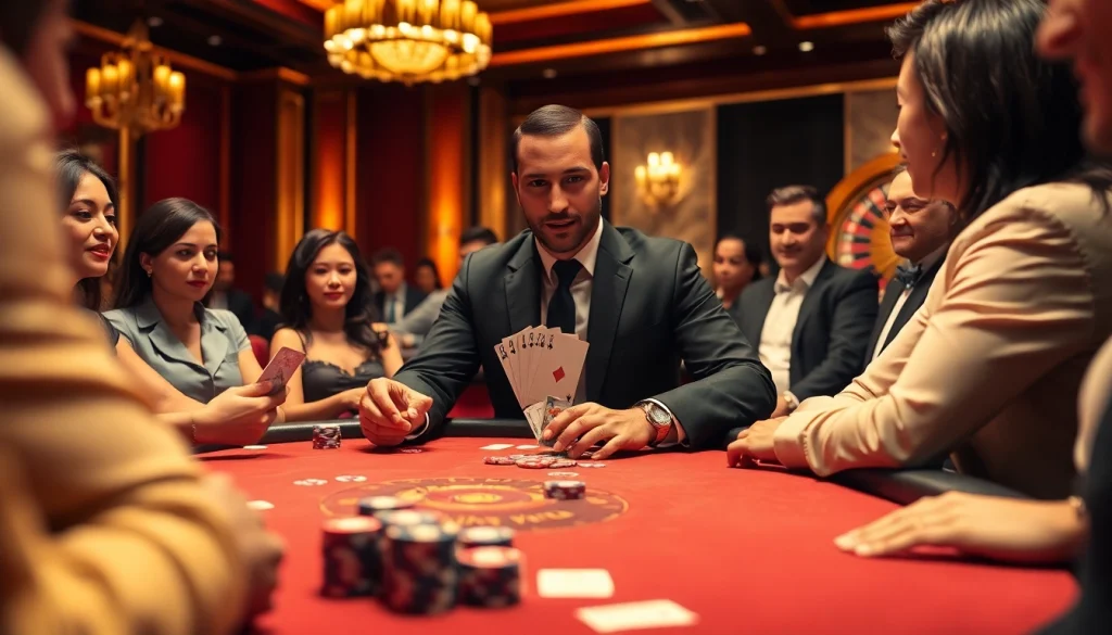 Players engaging in a high-stakes game at a Nhà cái uy tín poker table, featuring professional dealers and rich casino ambiance.