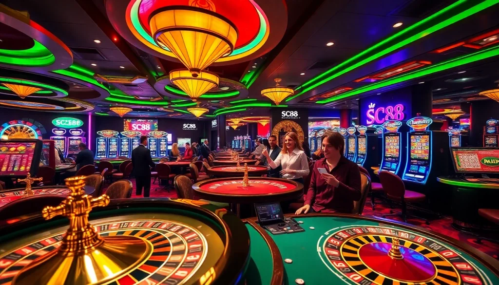 Exciting SC88 casino scene featuring players at roulette and poker tables, vibrant atmosphere, luxury.