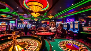 Exciting SC88 casino scene featuring players at roulette and poker tables, vibrant atmosphere, luxury.