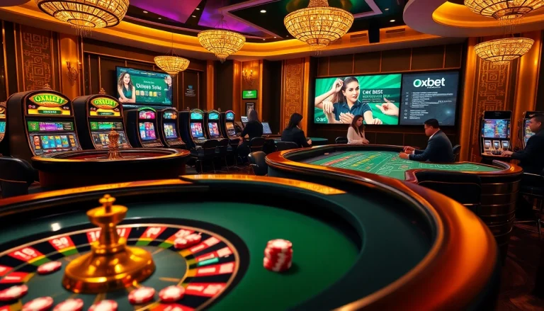 Experience the excitement of oxbet.ae with players at a roulette wheel and blackjack table in a luxurious casino setting.