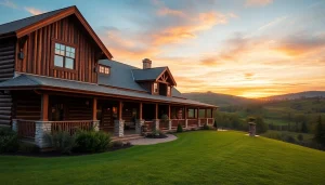 Canton Farmhouse showcasing its rustic charm surrounded by a green landscape at sunset.
