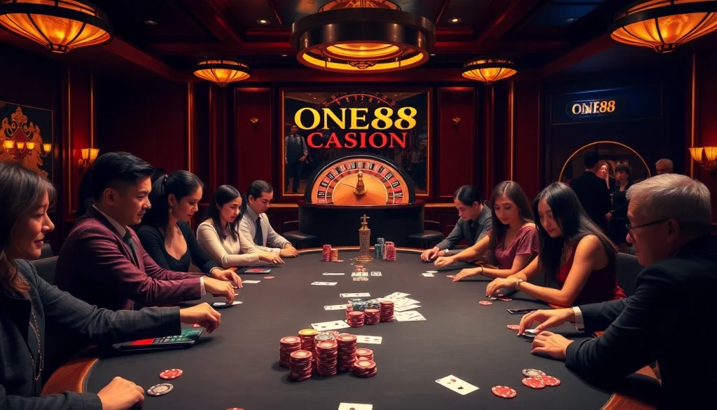 Experience the thrill of gaming at ONE88 trang chủ with vibrant casino elements and engaging players.