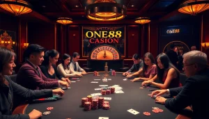 Experience the thrill of gaming at ONE88 trang chủ with vibrant casino elements and engaging players.